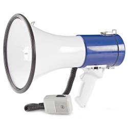NEDIS megafon/ rozsah 1500m/ hlasitost 135dB/ odnímatelný mikrofon/ vestavěná siréna/ ramenní popruh/ bílo-modrý