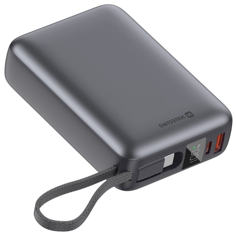 Swissten Power bank 20000 mAh 45W s integrovaným kabelem USB-C / šedá