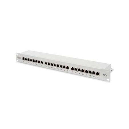 DIGITUS CAT 5e, patch panel, stíněný, 24portový RJ45, 8P8C, LSA, 1U, montáž do racku, šedý,