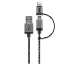 CABSTONE Lightning iPhone nabíjecí a synchronizační kabel 2v1, opletený, černo-stříbrný, 8pin + micro - USB A M/M, 1m