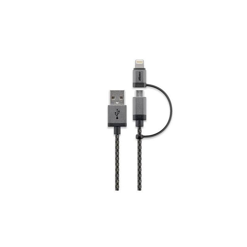 CABSTONE Lightning iPhone nabíjecí a synchronizační kabel 2v1, opletený, černo-stříbrný, 8pin + micro - USB A M/M, 1m