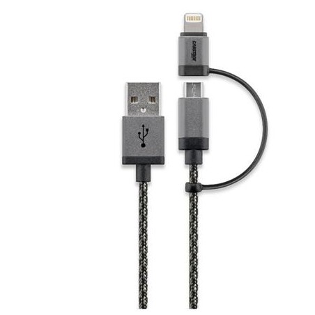 CABSTONE Lightning iPhone nabíjecí a synchronizační kabel 2v1, opletený, černo-stříbrný, 8pin + micro - USB A M/M, 1m