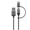 CABSTONE Lightning iPhone nabíjecí a synchronizační kabel 2v1, opletený, černo-stříbrný, 8pin + micro - USB A M/M, 1m