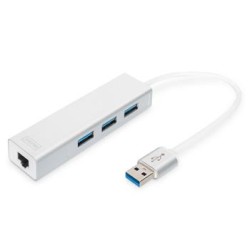 DIGITUS USB 3.0, 3-port HUB, Adaptér na Gigabit Ethernet ,1x RJ45, 10/100/1000Mbps