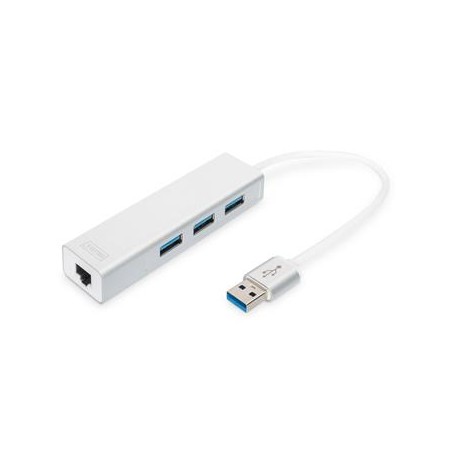 DIGITUS USB 3.0, 3-port HUB, Adaptér na Gigabit Ethernet ,1x RJ45, 10/100/1000Mbps