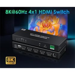 PremiumCord HDMI switch 4:1 s podporou rozlišení 8K@60Hz,4K@120Hz, 1080P, HDR, s ovládáním tlačítkem a dálkovým ovladačem