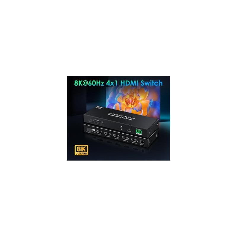 PremiumCord HDMI switch 4:1 s podporou rozlišení 8K@60Hz,4K@120Hz, 1080P, HDR, s ovládáním tlačítkem a dálkovým ovladačem