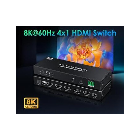 PremiumCord HDMI switch 4:1 s podporou rozlišení 8K@60Hz,4K@120Hz, 1080P, HDR, s ovládáním tlačítkem a dálkovým ovladačem