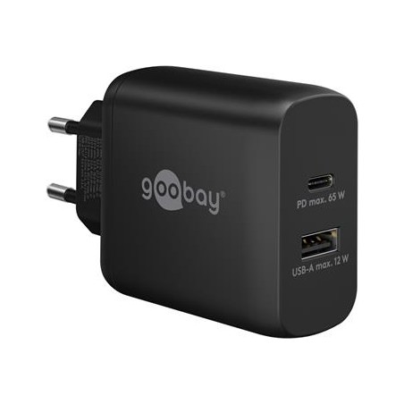 goobay Napájecí a nabíjecí adaptér 230V na 1x USB-C a 1x USB-A PD, 65W, černý