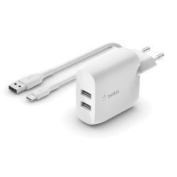 DUAL USB-A CHARGER/W/USB-C CABLE 1M 24W WHITE