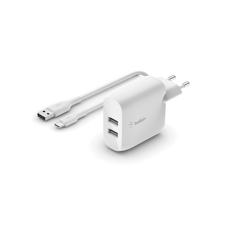 Belkin Dual USB-A Charger/W/USB-C Cable 1M 24W White
