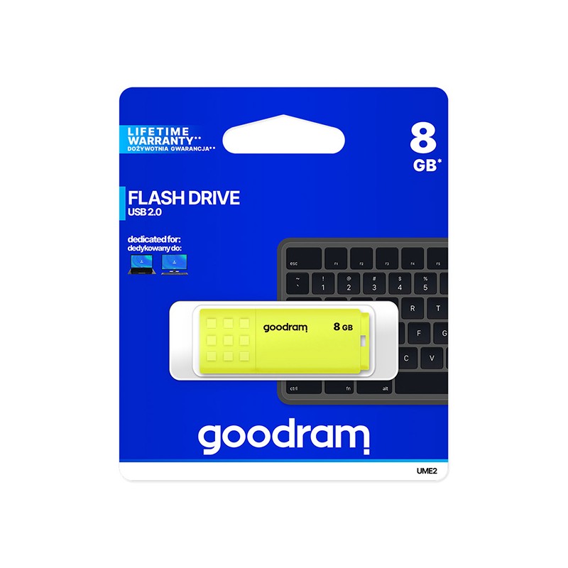 Goodram USB flash disk, USB 2.0, 8GB, UME2, žlutý, UME2-0080Y0R11, USB A, s krytkou
