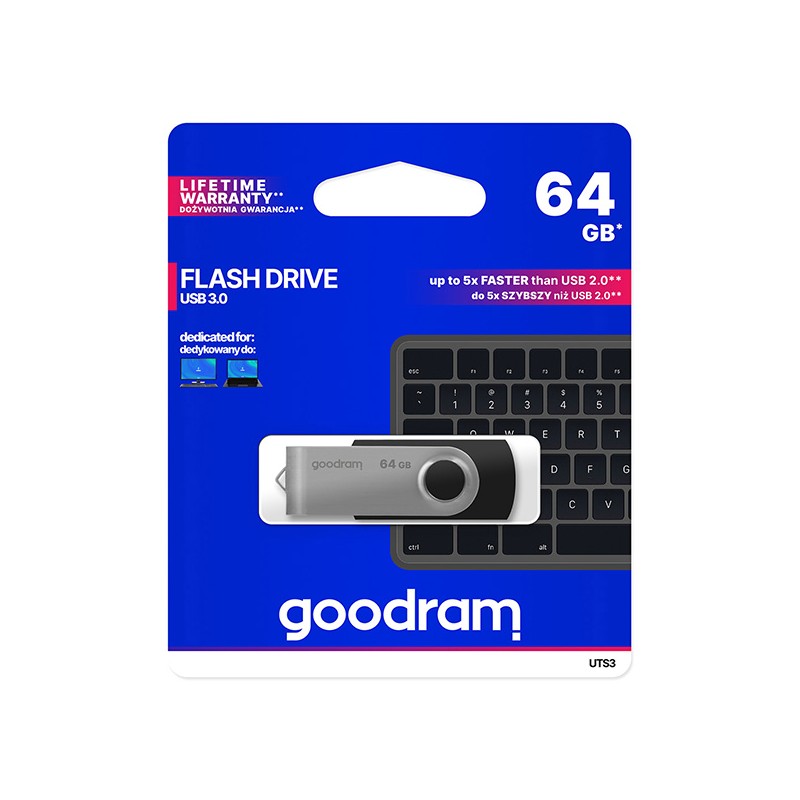 Goodram USB flash disk, USB 3.0, 64GB, UTS3, černý, UTS3-0640K0R11, USB A, s otočnou krytkou