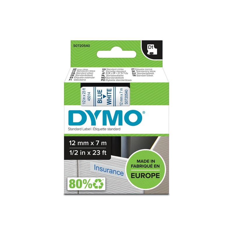 Dymo originální páska do tiskárny štítků, Dymo, 45014, S0720540, modrý tisk/bílý podklad, 7m, 12mm, D1