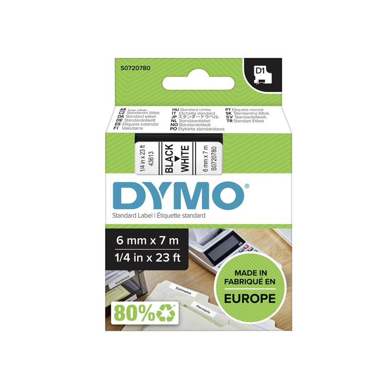 Dymo originální páska do tiskárny štítků, Dymo, 43613, S0720780, černý tisk/bílý podklad, 7m, 6mm, D1