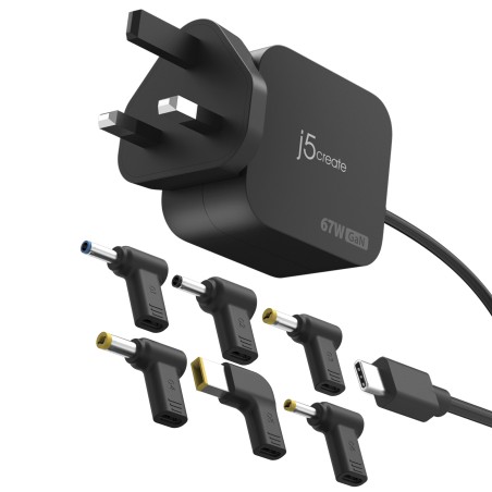 J5Create 67W GaN PD USB-C Mini Charger/UK Plug 6 Types OF DC Connector