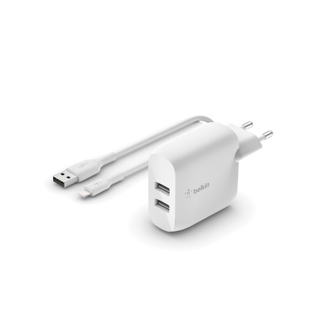 Belkin Dual USB-A Charger/W/Lightning Cable 1M 24W White