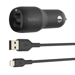 Belkin Dual USB-A Charger Car/W/Lightning Cable 1M 24W Black