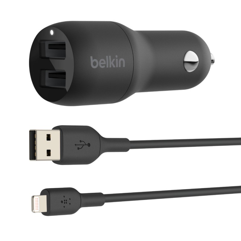 Belkin Dual USB-A Charger Car/W/Lightning Cable 1M 24W Black