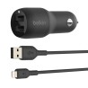 Belkin Dual USB-A Charger Car/W/Lightning Cable 1M 24W Black