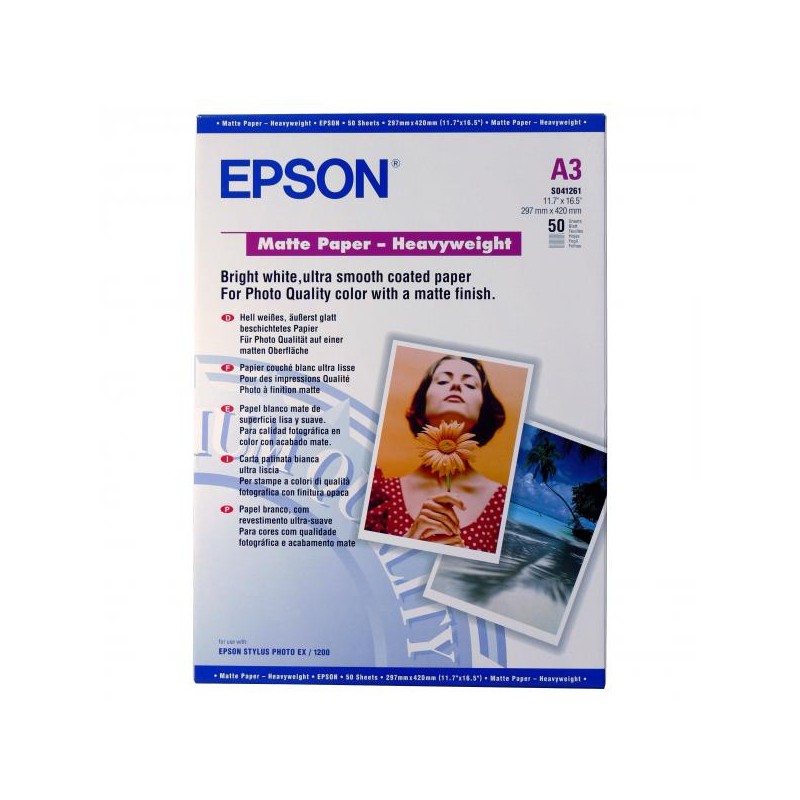 Epson Matte Paper Heavyweight, C13S041261, foto papír, matný, silný typ bílý, Stylus Photo 1270, 1290, A3, 167 g/m2, 50 ks