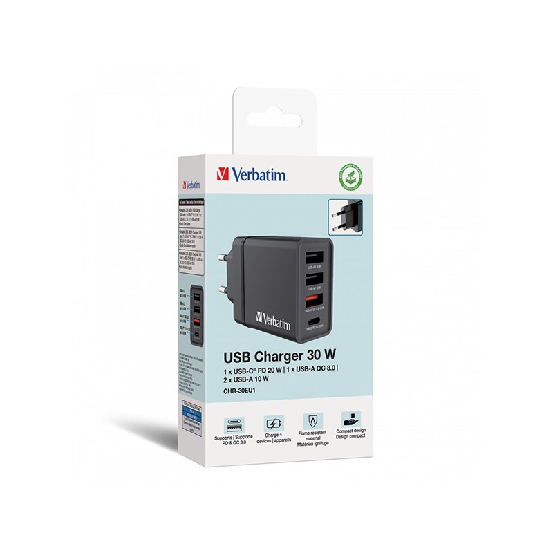 VERBATIM Univerzální adaptér nabíječka CHR-30EU2, 30W, 1x USB-C, 3x USB černá