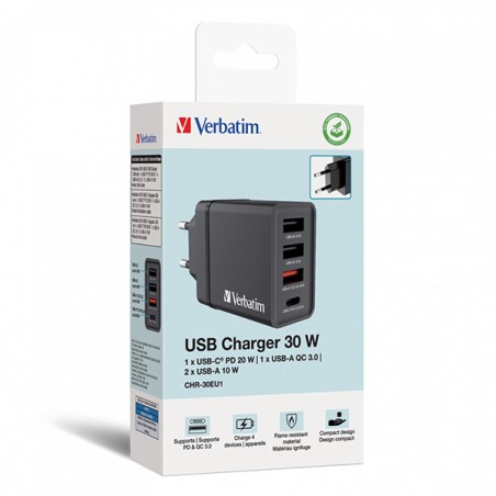 VERBATIM Univerzální adaptér nabíječka CHR-30EU2, 30W, 1x USB-C, 3x USB černá
