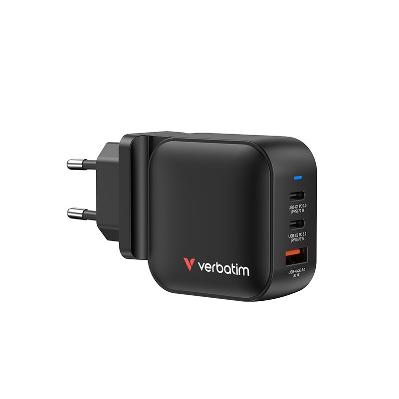 Verbatim, GaN cestovní nabíječka do sítě USB 3.0, USB C, šedá, 70W, vyměnitelné vidlice C,G,A, DOPRODEJ