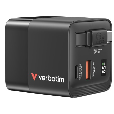 VERBATIM GaN Nabíječka do sítě, S kabelem, USB-C, USB-A, černá