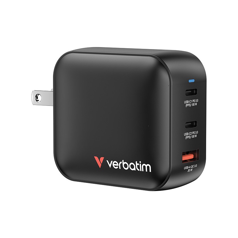 Verbatim, Mini GaN síťová nabíječka do sítě 2 x USB-CR PD 100W a 1 x USB-A QC 3.0, šedá, 100 W, vyměnitelné vidlice C,G,A