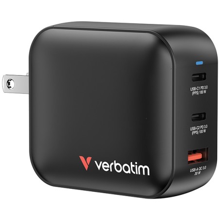 Verbatim, Mini GaN síťová nabíječka do sítě 2 x USB-CR PD 100W a 1 x USB-A QC 3.0, šedá, 100 W, vyměnitelné vidlice C,G,A