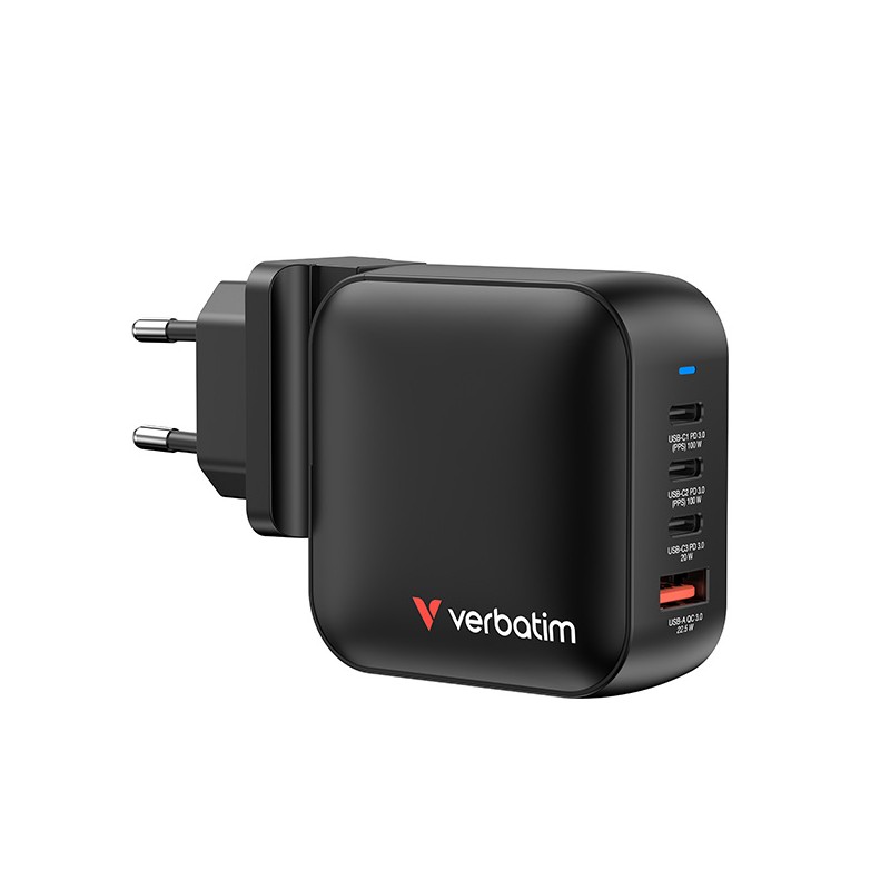 Verbatim, Mini GaN cestovní nabíječka do sítě USB 3.0, USB C, šedá, 100 W, vyměnitelné vidlice C,G,A, DOPRODEJ