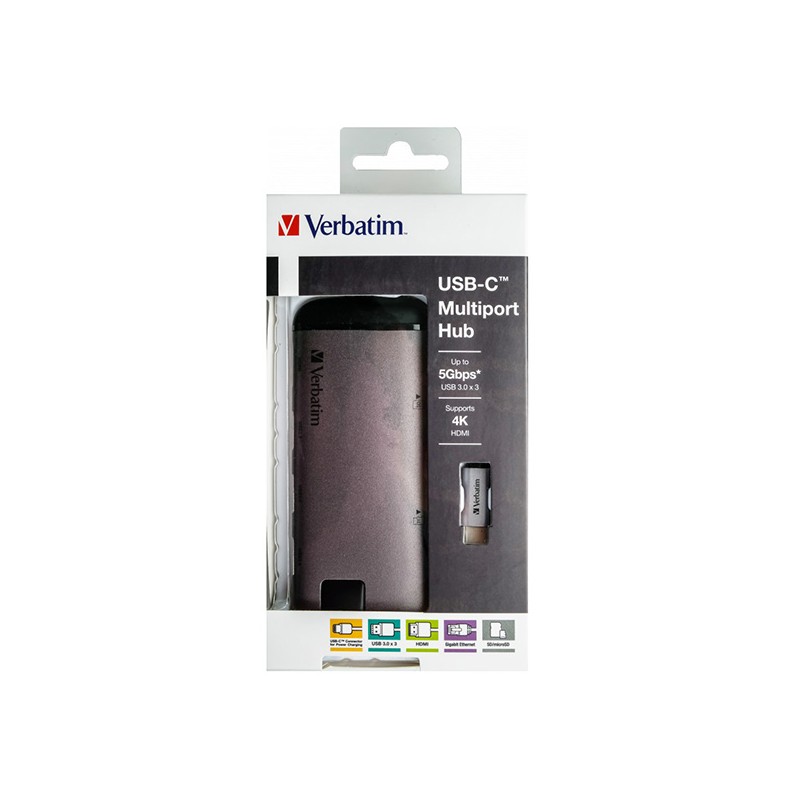 VERBATIM Dokovací stanice USB-C 7v1, 1xHDMI, 1xUSB-C, 3xUSB, 1xRJ45, čtečka SD karet, šedá