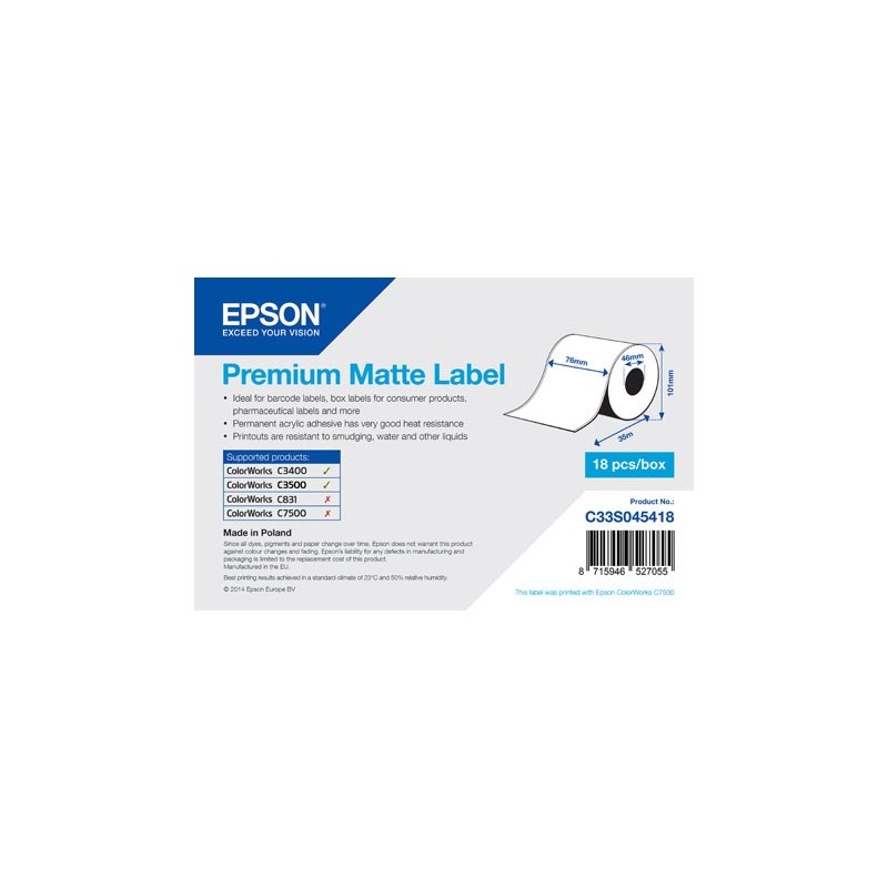 Premium Matte Label - Continuous Roll: 76mm x 35m