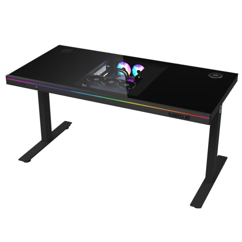 LORGAR stůl s volitelnou výškou, vestavěnou skříní pro PC, bezdrátovou nabíječkou, RGB a USB porty, tvrzené sklo