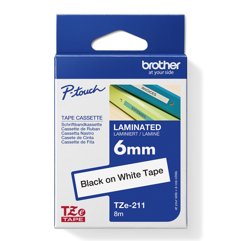BROTHER TZE211 - kazeta TZ šířky 6mm, laminovaná TZE-211, bílá/černé písmo