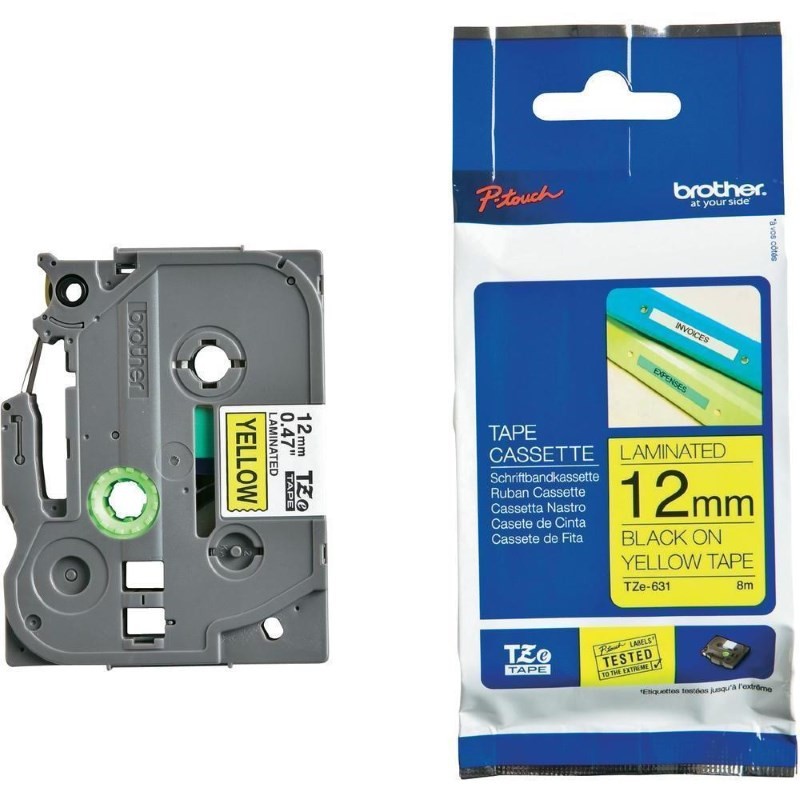 BROTHER TZE631 - kazeta TZ šířky 12mm, laminovaná TZE-631, žlutá/černé písmo - 8m