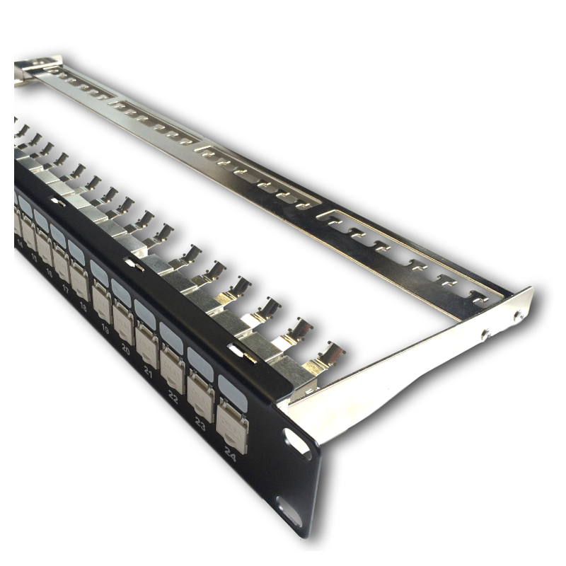 DATACOM Patch panel 19" STP 24 port CAT6A 1U černý, vyvaz.lišta, beznástrojový