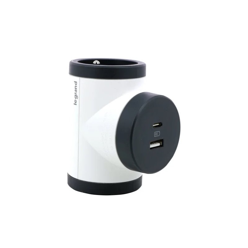 LEGRAND Revolution rozbočovač otočný 2x2P+T, nabíječka USB A+C, bílo-šedá