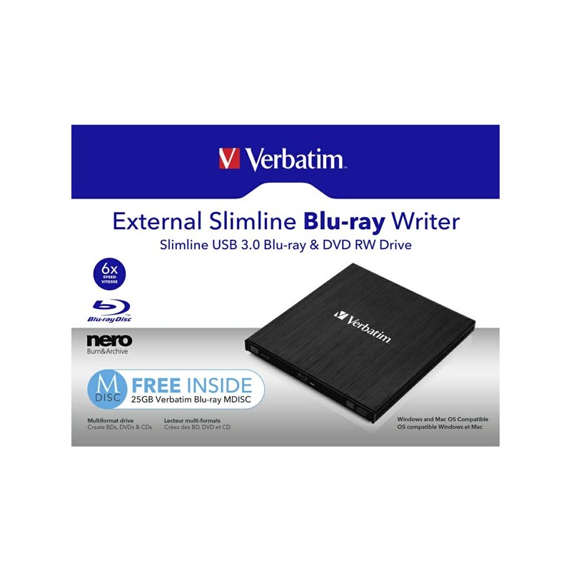 VERBATIM externí mechanika Slimline Blu-ray Rewriter USB 3.0 Zdarma BR Disc 25GB (CD DVD BD Mdisc) +NERO