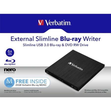 VERBATIM externí mechanika Slimline Blu-ray Rewriter USB 3.0 Zdarma BR Disc 25GB (CD DVD BD Mdisc) +NERO