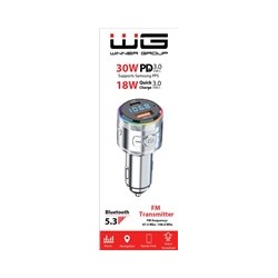 WG - Nabíječka do auta, Transmitter FM, USB-A QC 3.0 18W + USB-C PD 30W, stříbrná