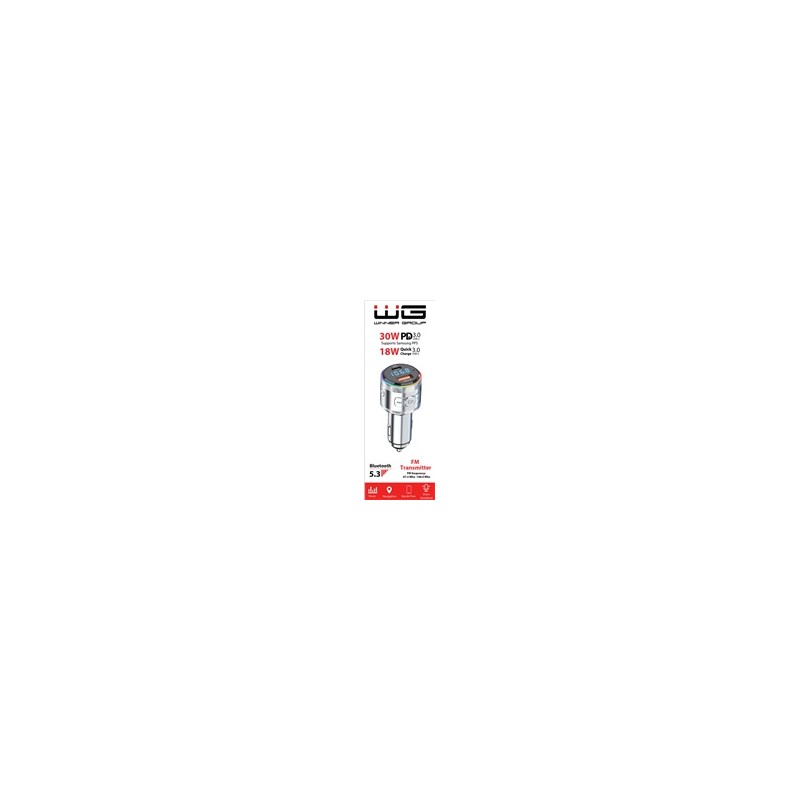 WG - Nabíječka do auta, Transmitter FM, USB-A QC 3.0 18W + USB-C PD 30W, stříbrná
