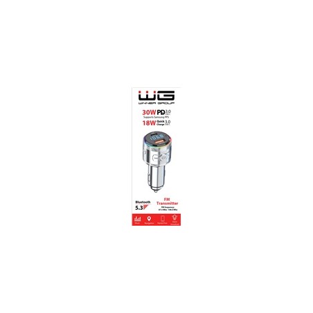 WG - Nabíječka do auta, Transmitter FM, USB-A QC 3.0 18W + USB-C PD 30W, stříbrná