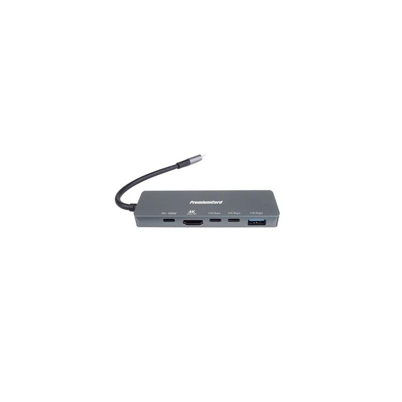 PremiumCord Adaptér USB-C na 4K@60Hz HDMI + 10G USB3.2 A + 10G 2x USB-C + PD