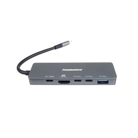 PremiumCord Adaptér USB-C na 4K@60Hz HDMI + 10G USB3.2 A + 10G 2x USB-C + PD