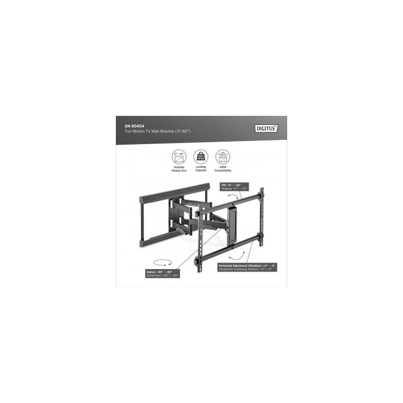DIGITUS Plně pohyblivý TV nástěnný držák 37-80", 60 kg zatížení max., VESA: 200x100, 200x200, 300x200, 400x200, 300x300,