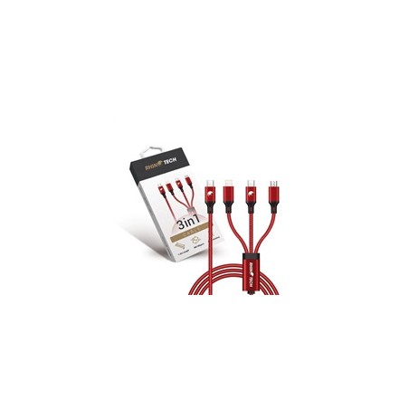 RhinoTech nabíjecí a datový kabel 3v1 USB-C (MicroUSB + Lightning + USB-C) 40W 1,2m červená