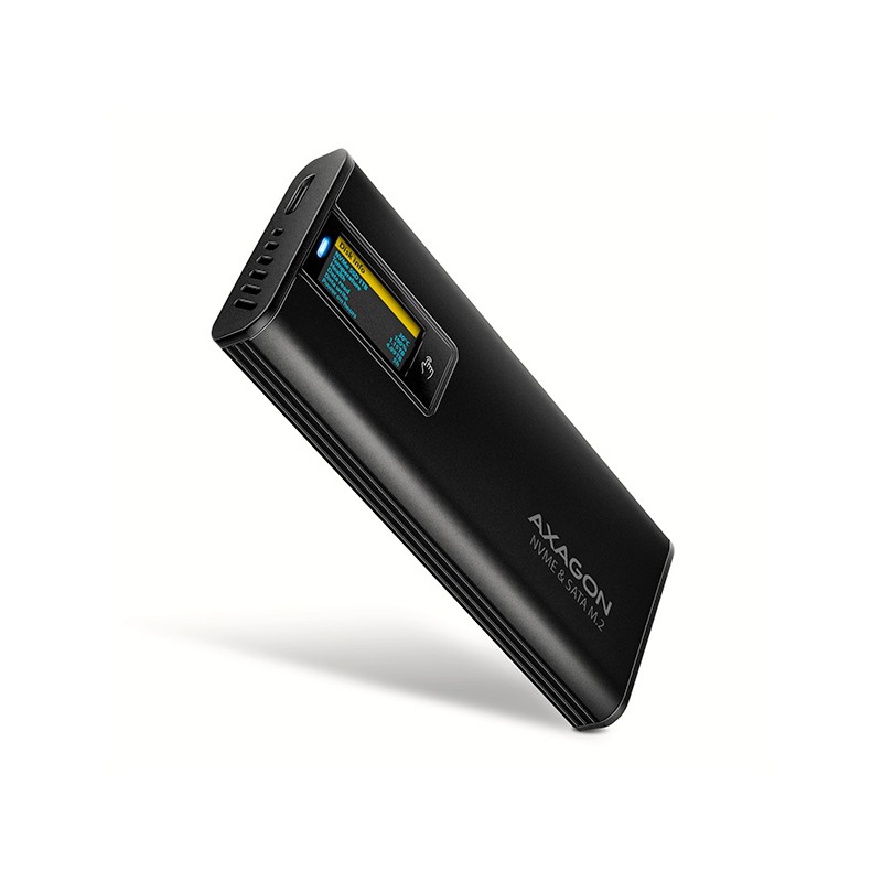 AXAGON EEM2-SD2B, USB-C 10Gbps externí box s displejem pro M.2 NVMe/SATA SSD, bezšroubkový, černý