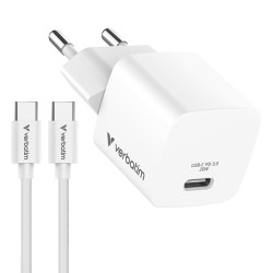 Verbatim, Mini GaN nabíječka s kabelem 1 x USB-C, bílá, 20 W, Power Delivery 3.0